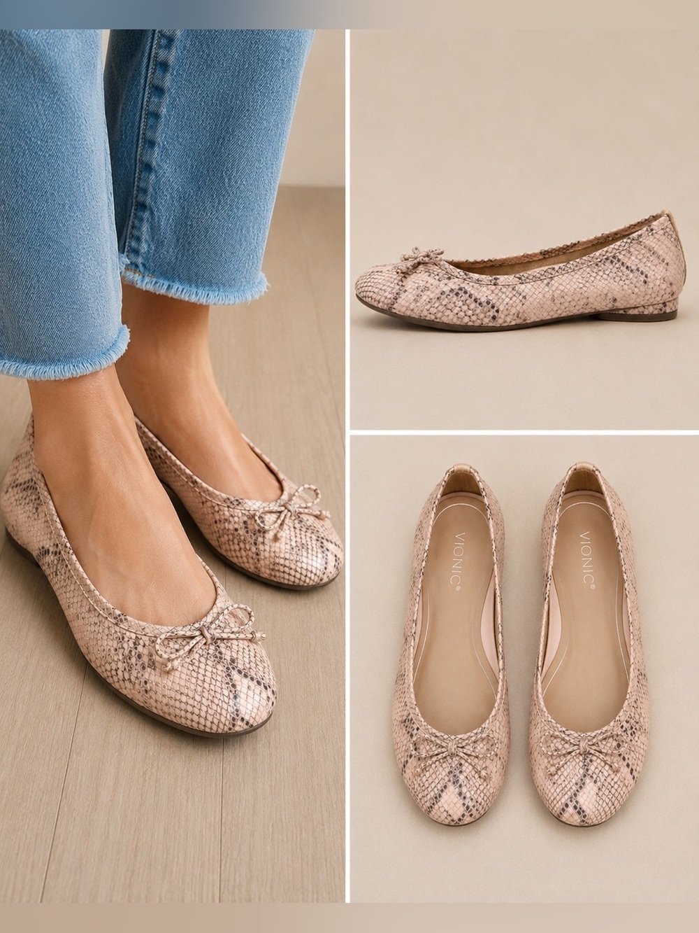 Vionic Callisto Snake Print Ballet Flats in Pale Pink Size 8